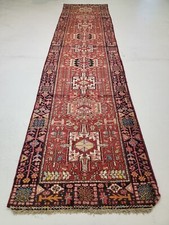 Antique Oriental Hand-Knotted Wool Runner Red/Blue/Ivory 3'8