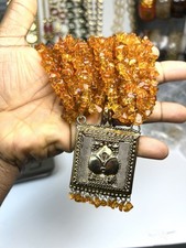 Vintage Amber Tone Glass Chip Multi Strand Necklace Artisan Pendant Heavy 9oz picture