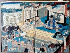 Antique Utagawa Yoshikazu Japanese Woodblock 2/3 Triptych Yoshitsune Benkei Edo picture