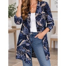 Travelers by Chicos Blue & Cream Animal Print Open Front Flowy Cardigan Top L picture