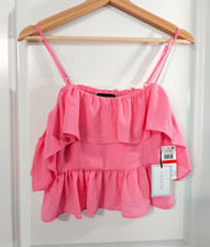 1.STATE Women's Pink Off-The-Shoulder Ruffle Smocked Cropped Blouse XS picture
