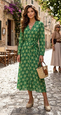 SALONI Green Geometric Print 100% Silk Midi Dress V-Neck Belted US 6 UK 10 NWOT picture