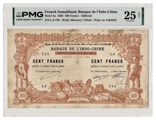 FRENCH SOMALILAND banknote 100 Francs 1920 overprint on Papeete-Tahiti PMG VF 25 picture