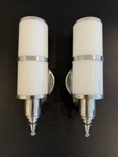 Vintage PAIR Original Art Deco Nickel Sconce White Glass Cylinders with Lids picture