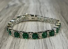 Zales 6.0mm Cushion Cut Lab Emerald White Sapphire Alternating Link Bracelet NEW picture