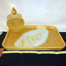 Vintage Gold Tone Vanity Tray w/ White Floral Center 2pc set picture