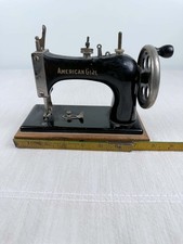 Antique American Girl Toy Sewing Machine Hand Crank Wood Base Childs Vintage picture