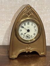 Unsigned Antique Miniature Brass 8 Day Shelf Clock - Runs See description. picture